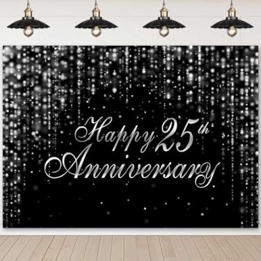 Imagem de InMemory Faixa de fundo Happy 25th Anniversary Decorações preto prata glitter Bokeh Bolinhas Cheers to 25 anos Casamento Tema Festa Fundo Photoshoot Photo Props 1,8 x 1,2 m