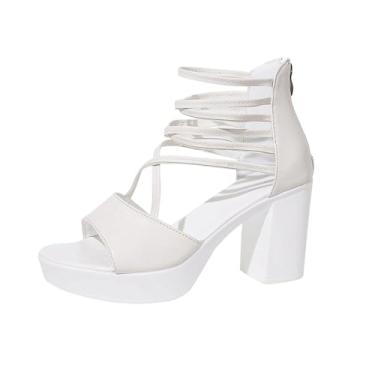 Imagem de Sandálias femininas de salto alto plataforma Peep Toe 8,5 cm salto casual verão sapatos PU superior, Branco, 34