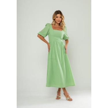 Imagem de Vestido Longo Com Decote Reto E Manga Bufante 3/4 Verde Salvatore, M