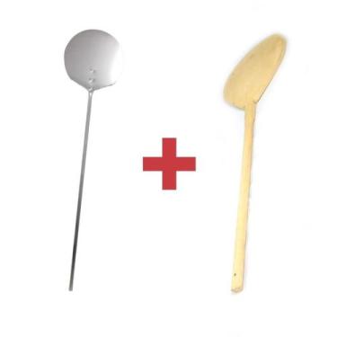 Imagem de Kit Pá Aço Inox + Pá Remo Pizza De Madeira Com Cabo Grand - Laurindos