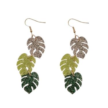 Imagem de ROSTIVO Brincos pendentes de folha tripla para mulheres, joias tropicais de acrílico com glitter verde e dourado para férias de verão e festas no jardim
