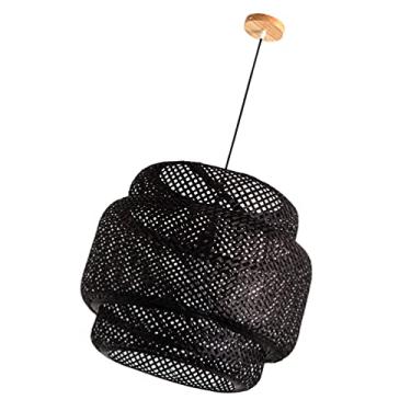 Imagem de Pingente de tecido abajur de luz natural abajur forma de cúpula Rattan tecido à mão capa de luz pendurada lustres de casa de fazenda abajur cesta para restaurante cozinha preto