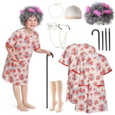 Imagem de Mprocen Fantasia de senhora para 100 dias de escola, kit de fantasia de avó, acessório para óculos, acessório de camisola, vestido de noiva