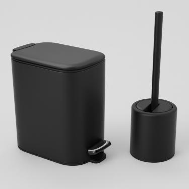 Imagem de Kit Lixeira Escova Sanitaria Banheiro Lavabo Pedal Inox Moderna Premium Black