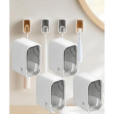 Imagem de Suportes de escova de dentes para banheiro montados na parede - 4 peças de suporte de escova de dentes elétrico autoadesivo com tampa para chuveiro, dispensador de escova de dentes à prova de poeira