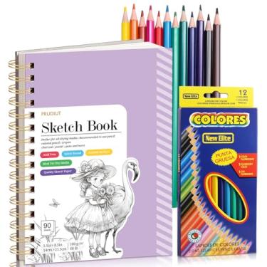 Imagem de Caderno de esboço com conjunto de 12 lápis de cor, caderno de esboço espiral de 90 folhas para desenho (30,8 kg/100 gsm), bloco de esboço sem ácido para artista, material de desenho de papel de arte