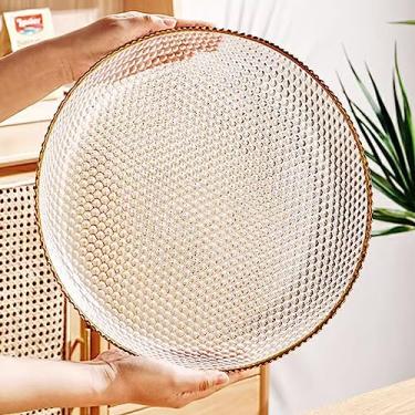 Imagem de Pratos de frutas decoração 2 peças bandeja de frutas de vidro com borda dourada para sala de estar em casa, mesa de centro, simples, moderna, leve, bandeja de frutas, lanches, bandeja de frutas secas