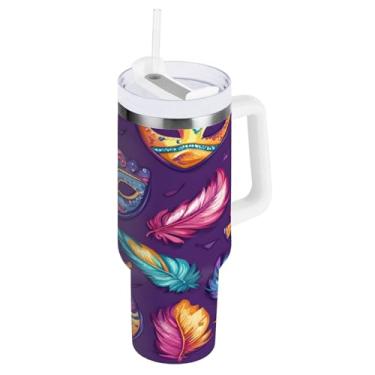 Imagem de Blueangle Copo isolado para Mardi Gras de 1,134 g com alça e tampa de palha, caneca de viagem reutilizável de aço inoxidável (308)