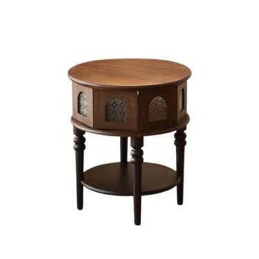 Imagem de Mesa lateral retrô moderna de madeira pequena redonda canto de vidro sala de estar sofá armário simples