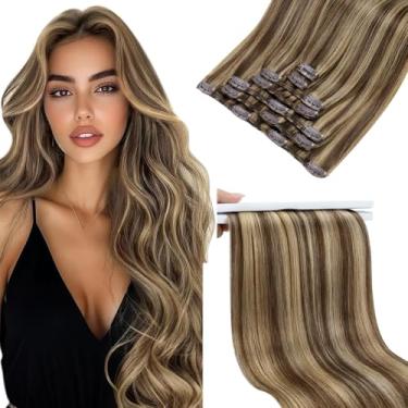 Imagem de Extensões de cabelo com clipe Sunny Clip In Highlights 61 cm, 7 peças de grampo de cabelo humano real em marrom escuro, destaques loiro caramelo, extensões de cabelo humano real, trama dupla 120 g
