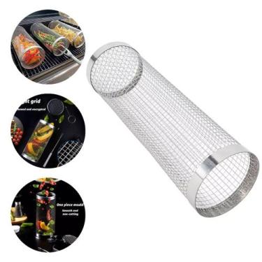 Imagem de Grelha Churrasco Vegano Cesto Cilindro Inox Assar Legumes Alimentos - 