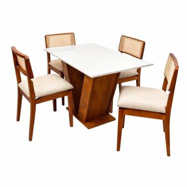Imagem de Mesa de Jantar Classic 120x80cm com Vidro e 4 Cadeiras Canada em Linho Madeira Cel Móveis Cor Cinamomo Off White com Tecido Bege