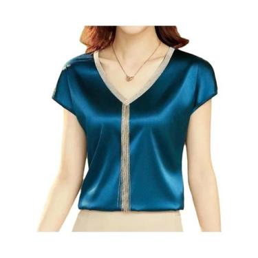 Imagem de Blusa Casual Feminina De Cetim Solta Com Manga Curta E Decote Em V, Ca
