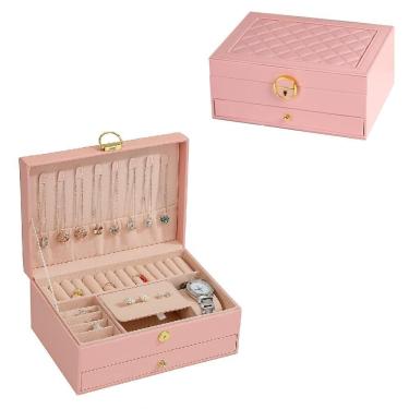 Imagem de Maleta Porta Joias Organizador Gaveta 2 Andares Brincos Aneis Pulseiras Relogio Viagem Rosa Praticidade Total E Eleganci