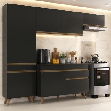 Imagem de Armário Cozinha Modulada Compacta 252cm Com Balcão Veneza Multimóveis Mp3760 Preto/dourado