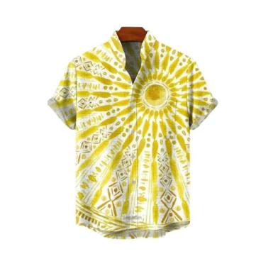 Imagem de Camisa Masculina Vintage De Linho Com Estampa De Sol, Manga Curta, Ver