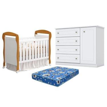 Imagem de Berço Americano Danny Branco Acetinado Savana Reller E Cômoda Infantil Americana Branco E Colchão Tendtudo - Henn.