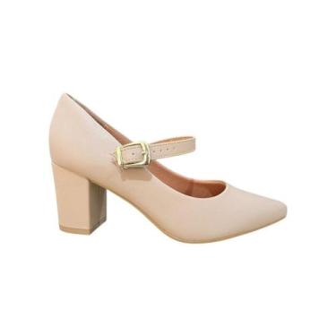 Imagem de scarpin vizzano feminino salto 7,5 cm pelica fivela dourada, Bege, 35