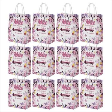 Imagem de Kit 12 Sacolas De Papel Com Alça Para Presente 21x27cm Dia Das Mães Pe