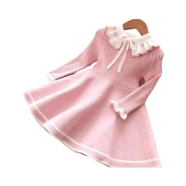 Imagem de Vestido De Suéter Tricotado Quente Para Meninas, Cor Pura, Plissado, E