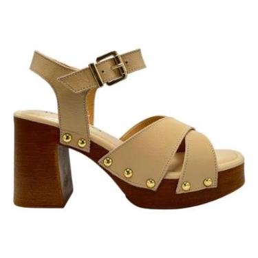Imagem de Tamanco Tchocco Clog Feminino Salto Grosso Couro Nude Sandália Vintage Retrô 60503-Feminino