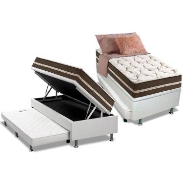 Imagem de Cama Box Baú Solteiro Kit com Colchão Molas Ensacadas Courano Branco 88x188 Anjos Ortobom