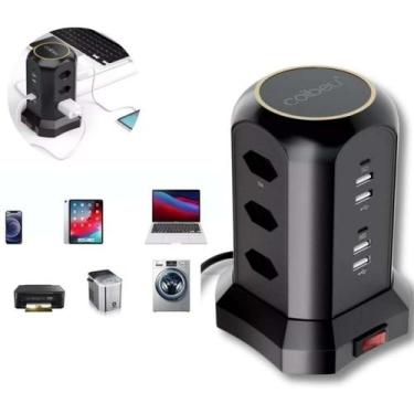 Imagem de Torre de Tomadas USB Preta 8 Entradas e Carregador Rápido - Rick Impor