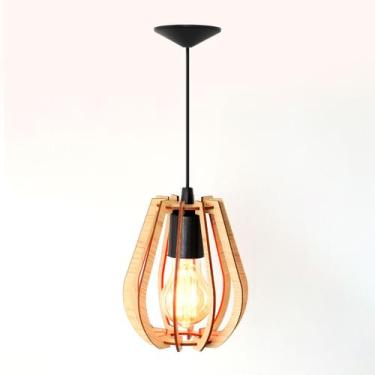 Imagem de Luminária Lustre Pendente Redondo Pequeno Madeira Vazado Aletado MDF R
