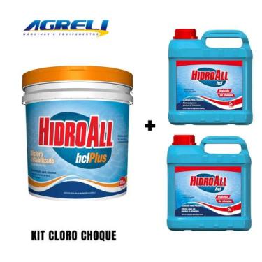 Imagem de Kit 1 Cloro para Piscina HCL Plus 10Kg com 2 Algicida Choque Hcl Hidro