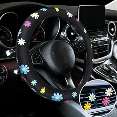 Imagem de Linda capa de volante, capa de volante, capa de volante floral para meninas com 4 peças lindas flores clipes de ventilação de ar para carro para mulheres meninas decoração de carro (estilo margarida)