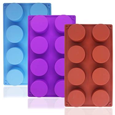 Imagem de Molde de silicone redondo grande de 8 cavidades, SourceTon 3 pacotes de moldes antiaderentes de grau alimentício para bolo, doces, muffin de sabão artesanal, cupcake, cubo de gelo