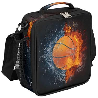 Imagem de Lancheira de basquete infantil queimando basquete isolado lancheira sacola para meninas meninos, bolsa de preparação de refeições congelável com alça de ombro recipiente de almoço impermeável para piquenique de escritório escolar