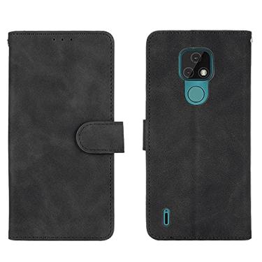 Imagem de Capa de celular carteira para Motorola Moto E7, capa carteira de couro PU com suporte para cartão de crédito, alça de pulso, capa protetora à prova de choque para Motorola Moto E7 bolsas (cor: preta)