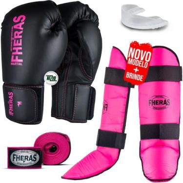 Imagem de Kit Muay Thai Luva Bandagem Caneleira Bucal Pro Pink 12Oz - Fheras
