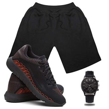 Imagem de Kit Bermuda Masculina Moletom + Tenis Masculino SPEED Conforto + Relógio - Preto/P - PretoVermelho/42