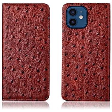Imagem de TTUCFA Stent Function Flip Phone Case, para Apple iPhone 12 Mini (2020) 5,4 polegadas textura de avestruz capa fólio de couro com slot para cartão (cor: vermelho marrom)