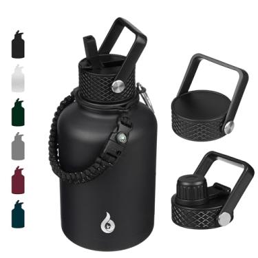 Imagem de Garrafa térmica BJPKPK, tampa com canudo, com 3 tampas e alça Paracord, 1,5 L, preto