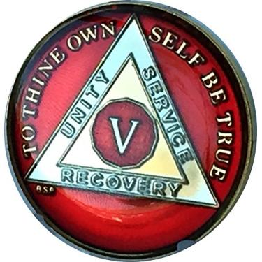 Imagem de 5 anos Mandarim Ouro Vermelho e Níquel Tri-Plate AA Alcoólicos Anônimos Sobriedade Medalhão Chip Serenidade Oração por Bright Star Press