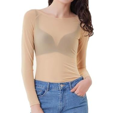 Imagem de SPSHODOW Camisetas femininas de malha de manga comprida gola redonda slim fit transparente malha Y2K camisas clubwear, Nude., GG