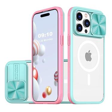 Imagem de WATEFULL Capa transparente compatível com iPhone 14 Pro MagSafe com protetor de capa de câmera deslizante, [ímãs fortes][anti-amarelo] moldura traseira de acrílico transparente de TPU macio, para iPhone 14 Pro de 6,1 polegadas (azul-petróleo)