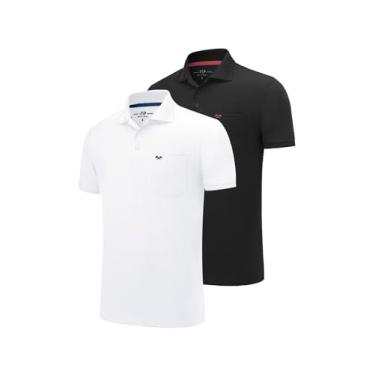 Imagem de FASHIONSPARK Pacote com 2 camisetas polo masculinas com bolso, manga curta, golfe, absorção de umidade, camisetas casuais para treino, Preto/branco, GG