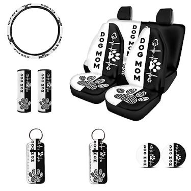 Imagem de STUOARTE Conjunto de 11 peças de acessórios de carro Dog Paws, estampa de mãe de cachorro, capa de assento de carro com capa de volante, almofadas de cinto de segurança, crânio, batom, porta-chaves, porta-copos de carro