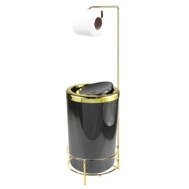 Imagem de Kit Suporte Porta Papel Higiênico Com Lixeira 8L Tampa Basculante De Cozinha Banheiro Dourado - AMZ