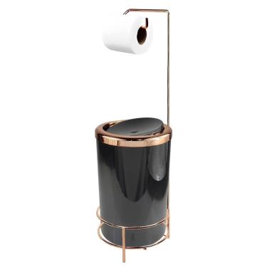 Imagem de Kit Suporte Porta Papel Higiênico Com Lixeira 8L Tampa Basculante De Cozinha Banheiro Rose Gold - AMZ