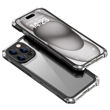 Imagem de YEXIONGYAN Capa para iPhone 15Pro Max/15 Pro/15, proteção de lente de precisão, capa fina de liga de alumínio + capa traseira de vidro temperado transparente, carregamento sem fio, prata, 15 Pro Max