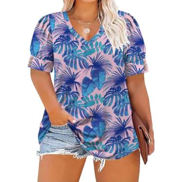 Imagem de ForHailey Blusa feminina com botões plus size, plissada, manga bufante, gola V, túnica casual de verão, Estampa de folhas 4116, GG Plus Size