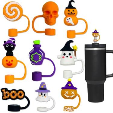 Imagem de 9 peças de cobertura de palha de Halloween para copos Stanley, capa de silicone 3D fofa para Stanley copo de 30 e 1,134 g, protetores de canudo macios reutilizáveis para canudos de 10 mm