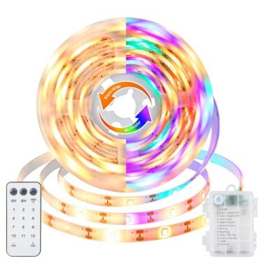 Imagem de echosari Fita de LED operada por bateria, 3,5 m, 108 luzes LED de mudança de cor dupla com fita adesiva cortável remota para decoração de festa de quarto (branco quente e multicolorido)