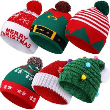 Imagem de 6 peças de gorro de malha de Natal Papai Noel vermelho verde conjunto de gorro de crochê para festa adultos adolescentes crianças chapéu de Natal, 30,5 cm x 20,5 cm, Como mostrado nas imagens., tamanho �nico