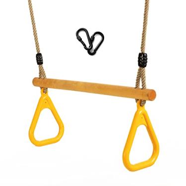 Imagem de Wooden Trapeze with Plastic Gym Rings Trapeze Swing Bar with Adjustable Rope for Indoor Playground 2 in 1 Swing Set Yellow